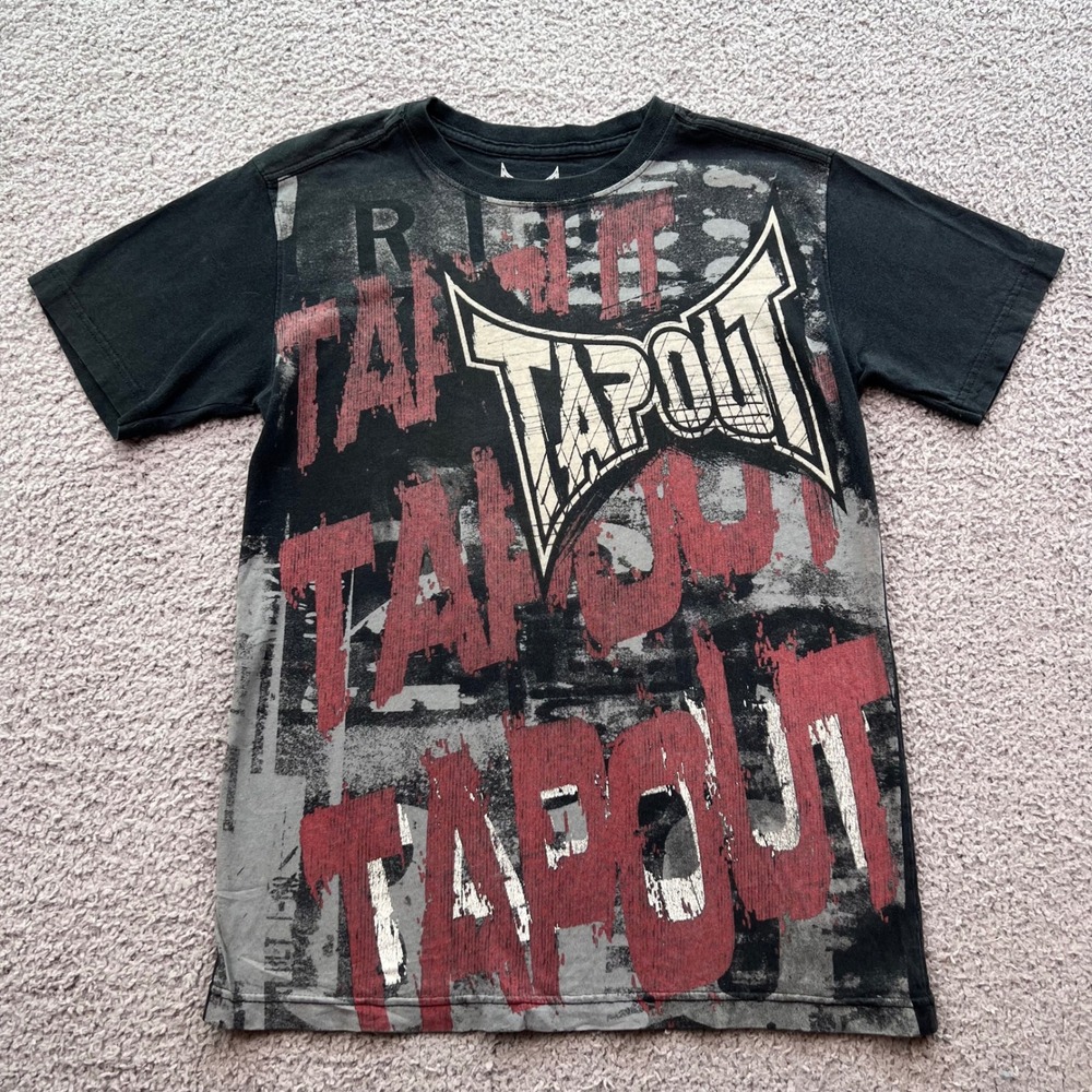Tapout Graphic T-Shirt Boys L 14/16 Black Red MMA UFC Distressed Logo Tee 6506
